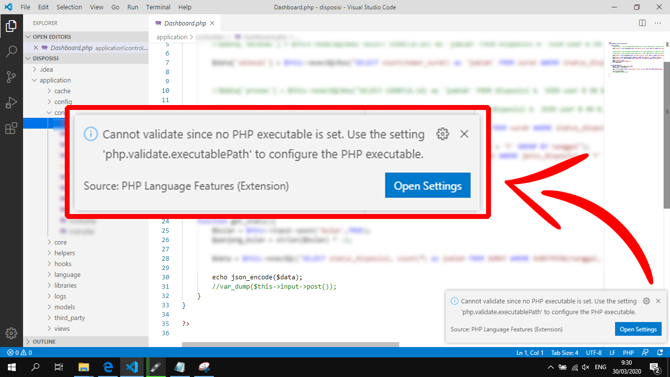 Solusi : Visual Studio Code - PHP IntelliSense - Cannot validate since no  PHP executable is set 